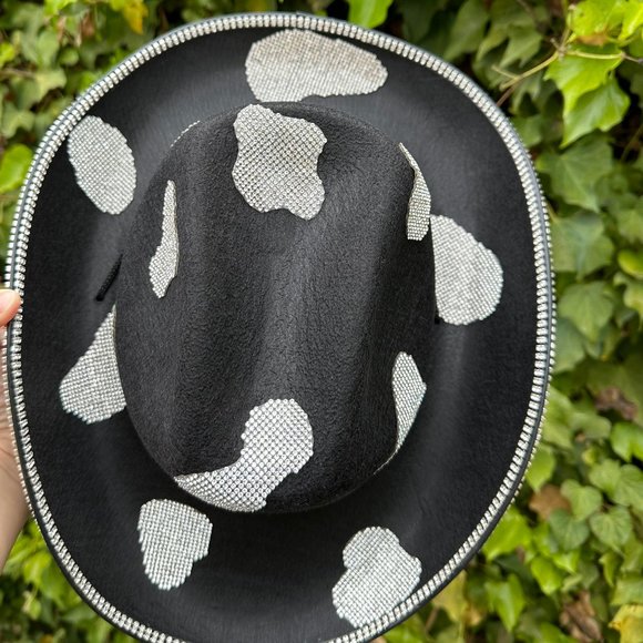 Rhinestone Cowprint cowboy hat,Bachelorette Bride Hat, Nashville party hat - Picture 2 of 3
